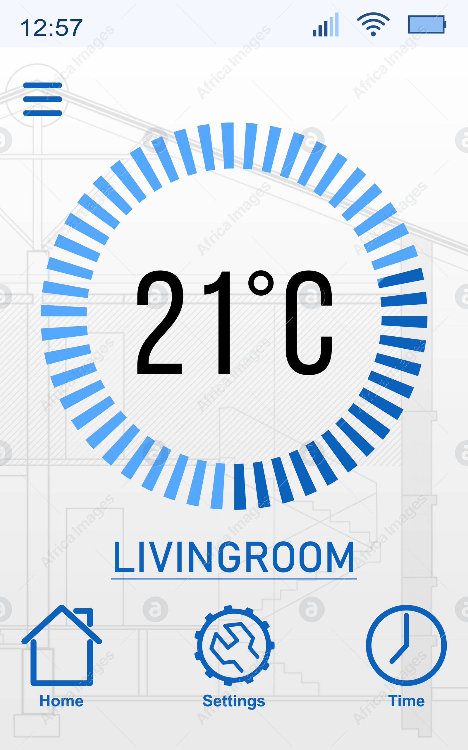 Illustration of Heating control system. Application displaying temperature in house 