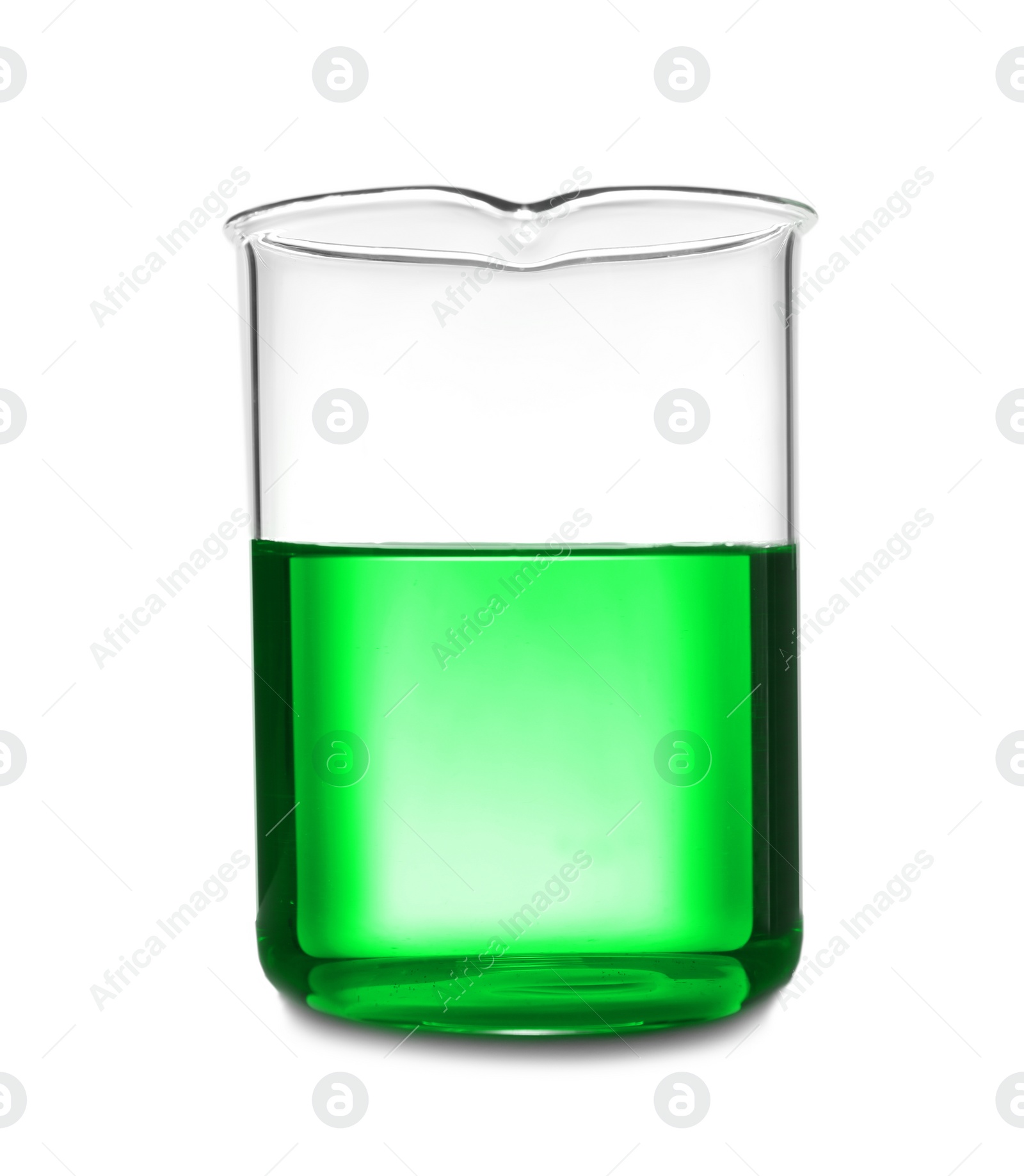 Image of Beaker with green liquid isolated on white. Laboratory glassware