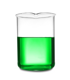 Image of Beaker with green liquid isolated on white. Laboratory glassware
