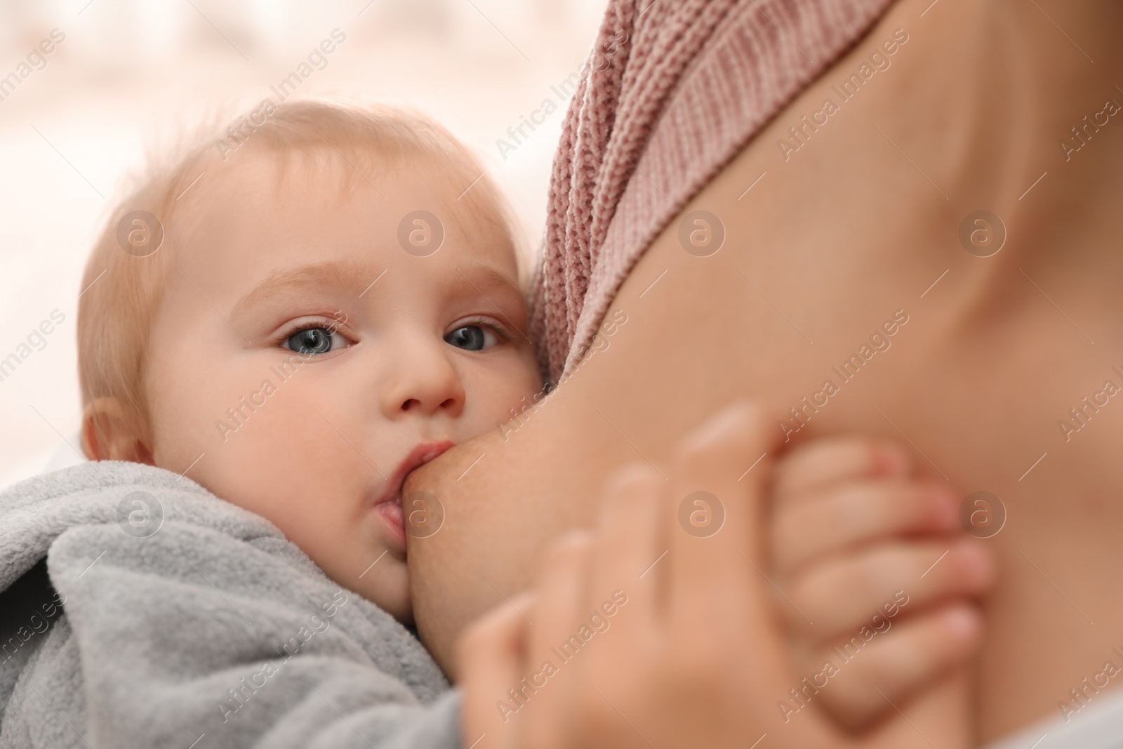 Photo of Woman breastfeeding her little baby at home, closeup