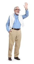 Photo of Senior man waving hand on white background