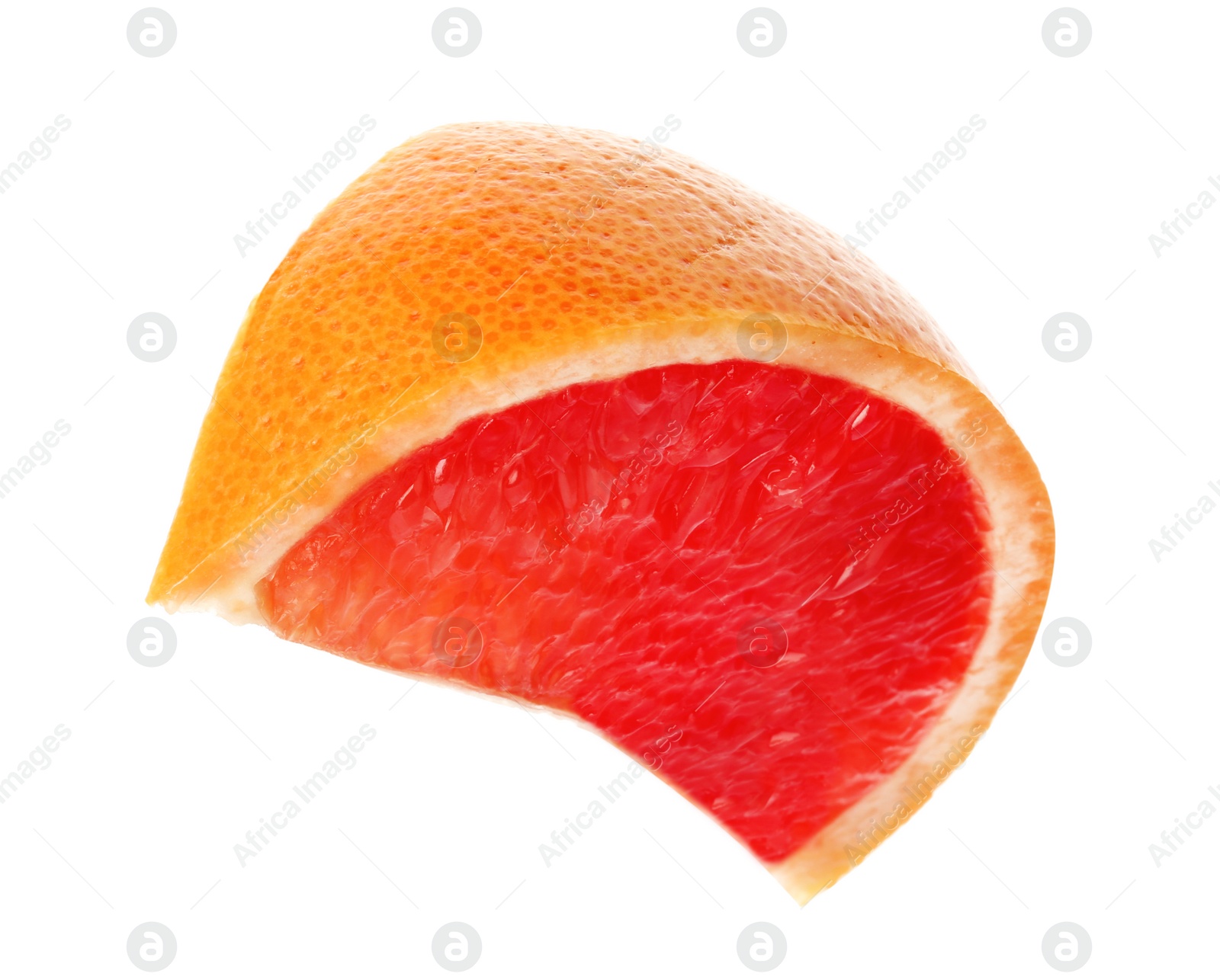 Photo of Slice of ripe juicy grapefruit on white background