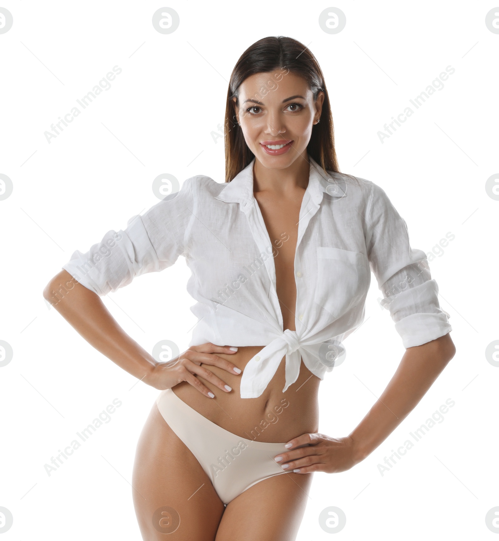 Photo of Beautiful woman in panties and shirt on white background