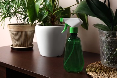 Photo of Beautiful houseplants in pots and spray bottle on table indoors. House decor