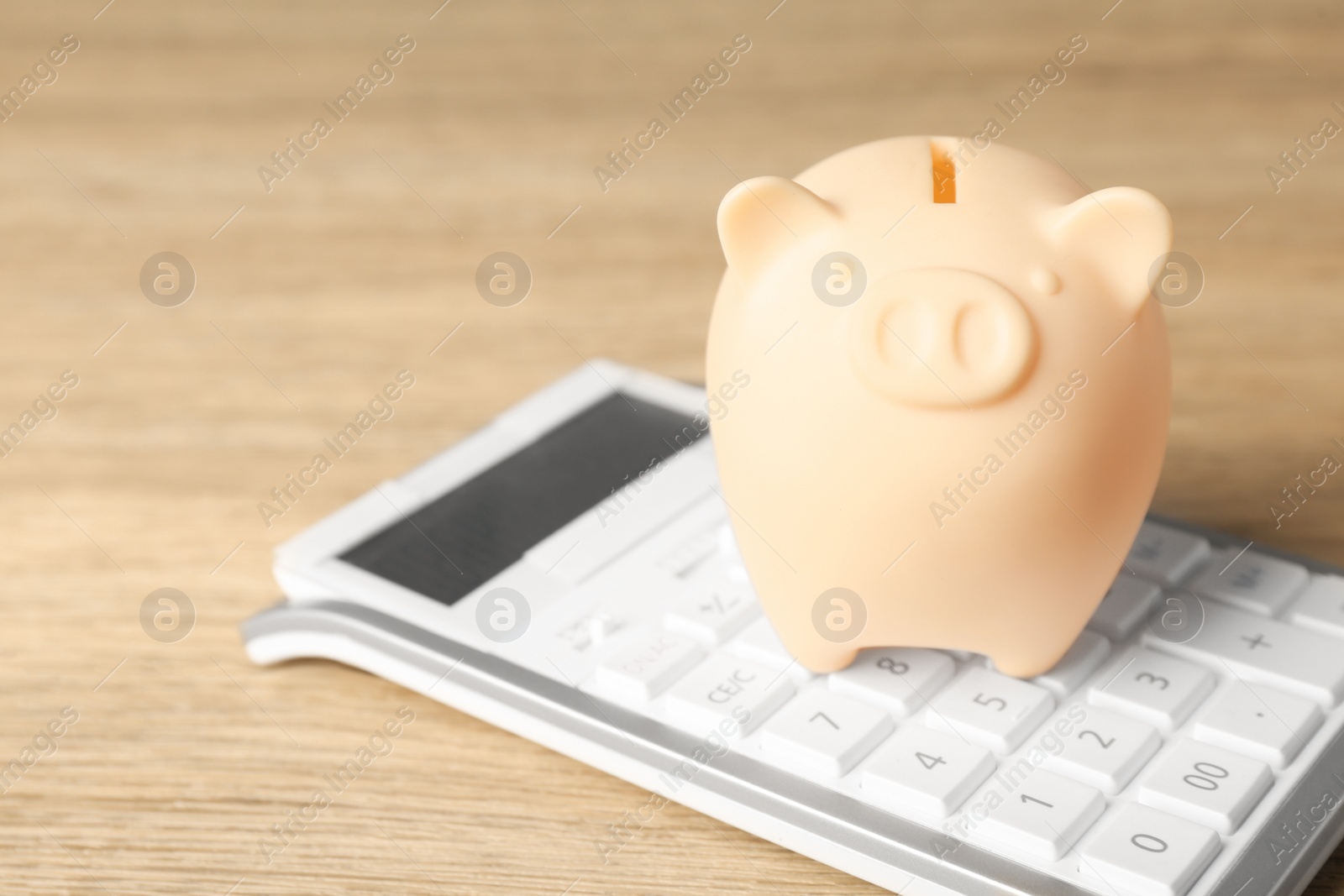 Photo of Ceramic piggy bank and calculator on wooden table, closeup