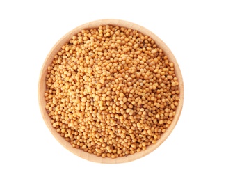 Photo of Bowl with mustard seeds on white background. Different spices