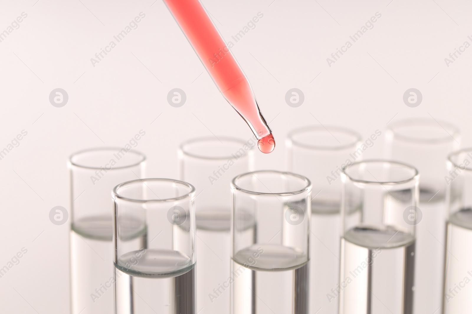 Photo of Dripping liquid from pipette into test tube on light background, closeup