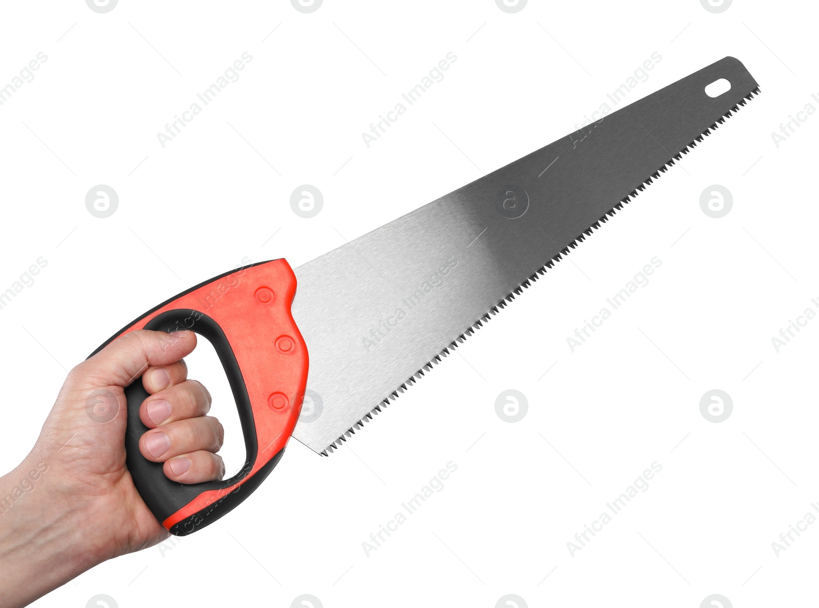 Photo of Man holding saw with colorful handle isolated on white, closeup