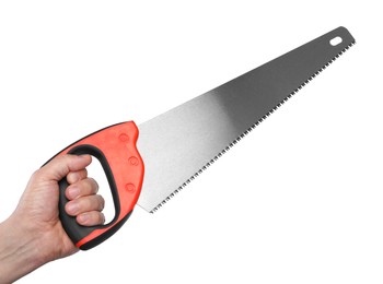 Photo of Man holding saw with colorful handle isolated on white, closeup