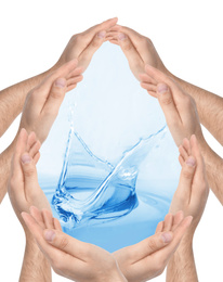 Image of Men forming water drop with their hands on white background. Ecology protection