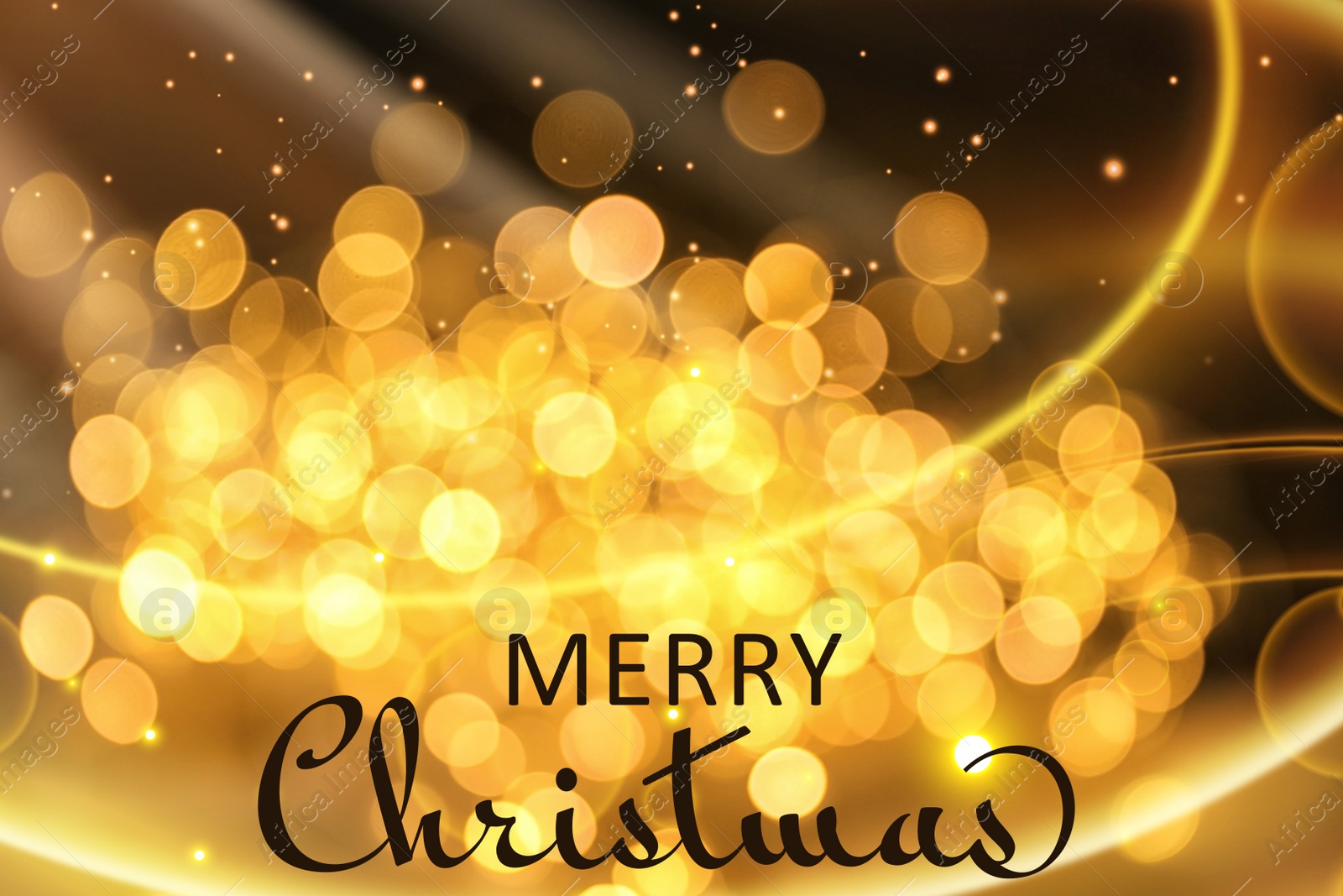 Illustration of Text Merry Christmas on blurred background with golden lights. Bokeh effect