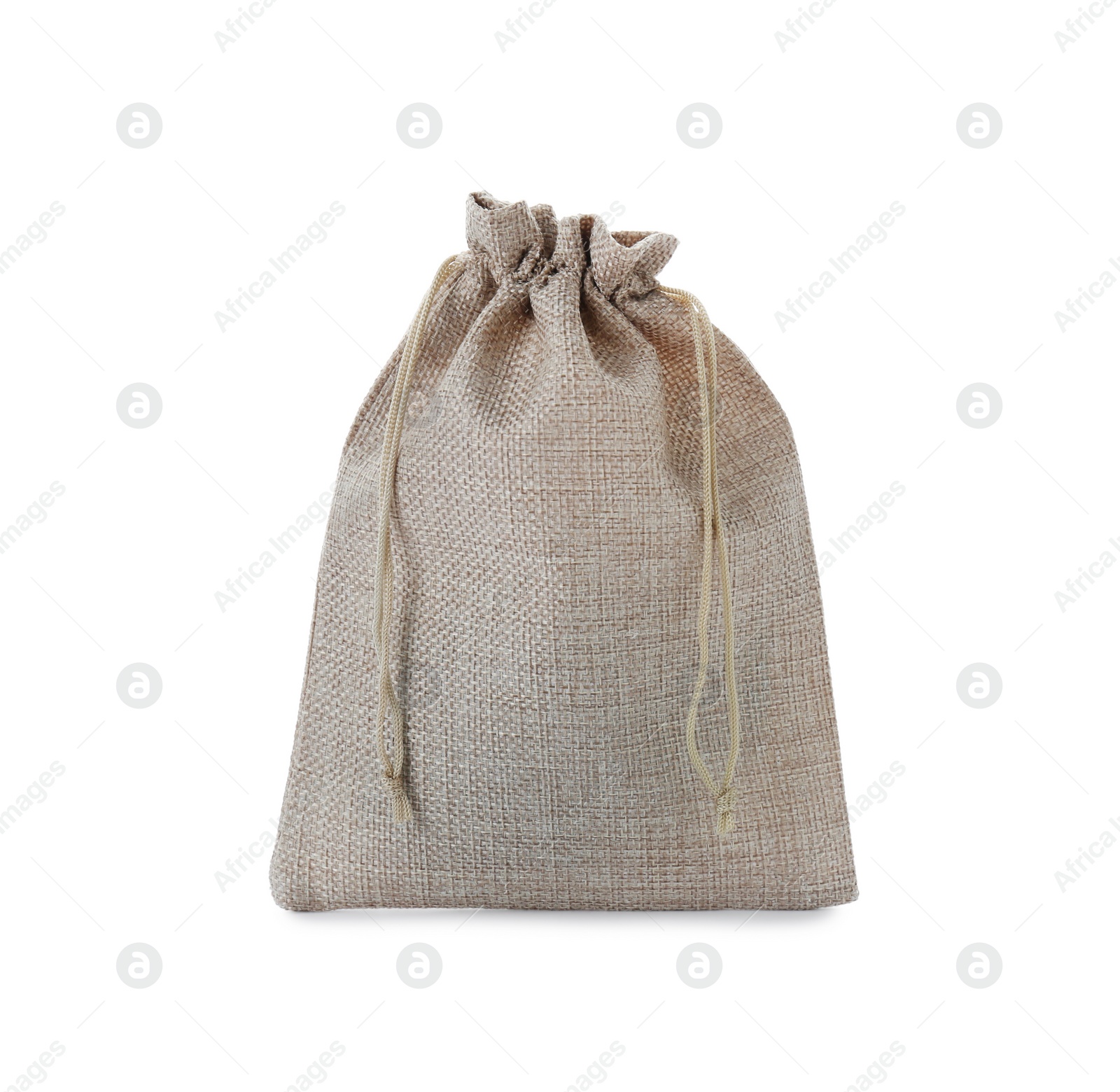 Photo of One tied burlap bag isolated on white