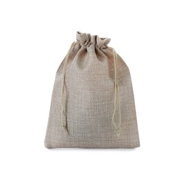 Photo of One tied burlap bag isolated on white