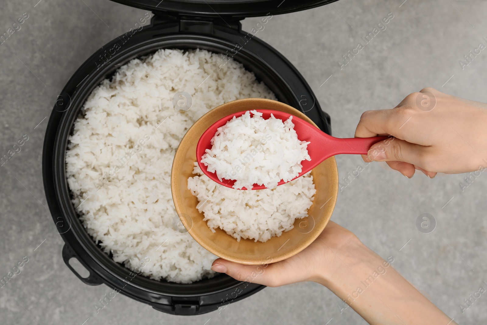 Photo of Woman putting boiled rice into bowl from cooker on grey background, top view