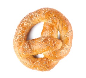 Photo of Tasty freshly baked pretzel isolated on white, top view