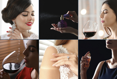 Image of Collage of beautiful young women with luxury jewelry, perfume and wine 
