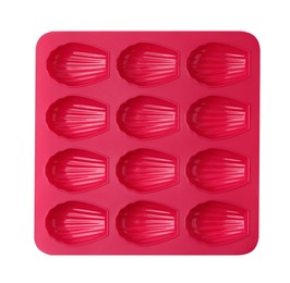 Red baking mold for madeleine cookies isolated on white, top view