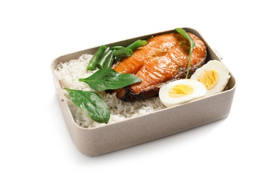 Container with natural protein food on white background