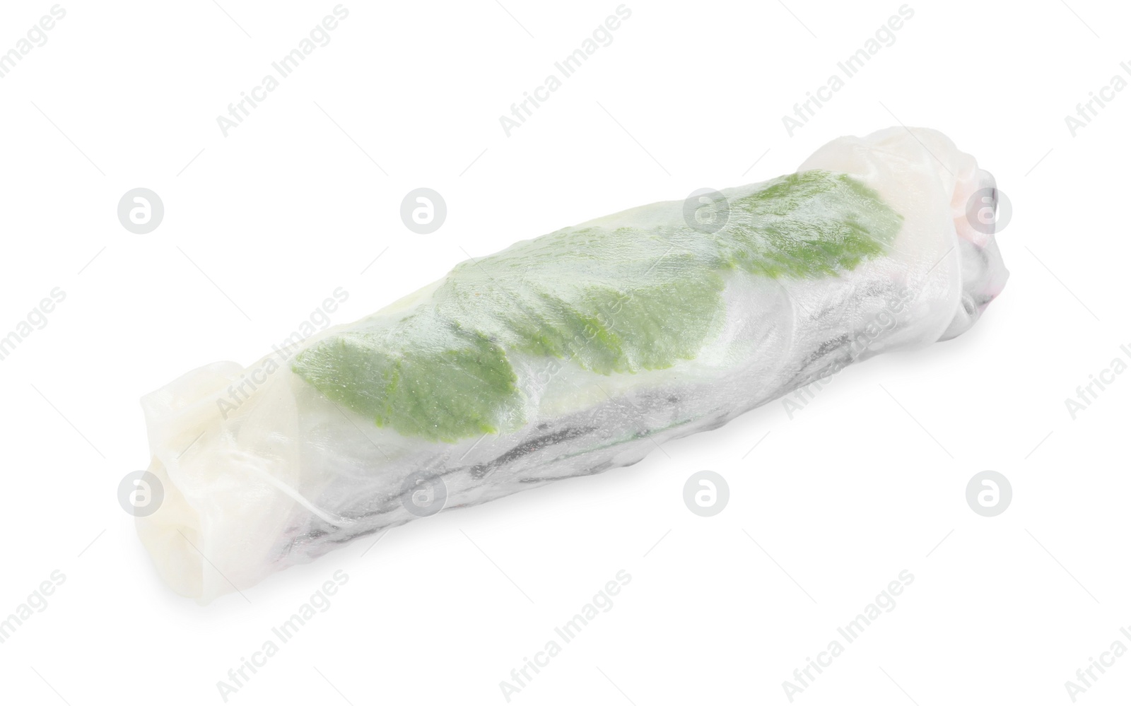 Photo of Delicious spring roll wrapped in rice paper isolated on white