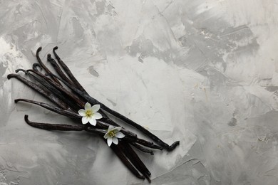 Photo of Vanilla pods and flowers on grey textured table, top view. Space for text