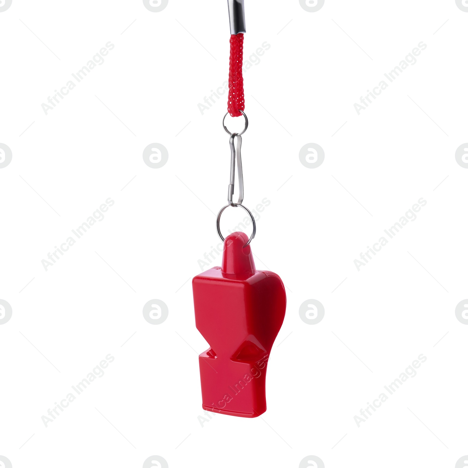 Photo of One red whistle with cord isolated on white