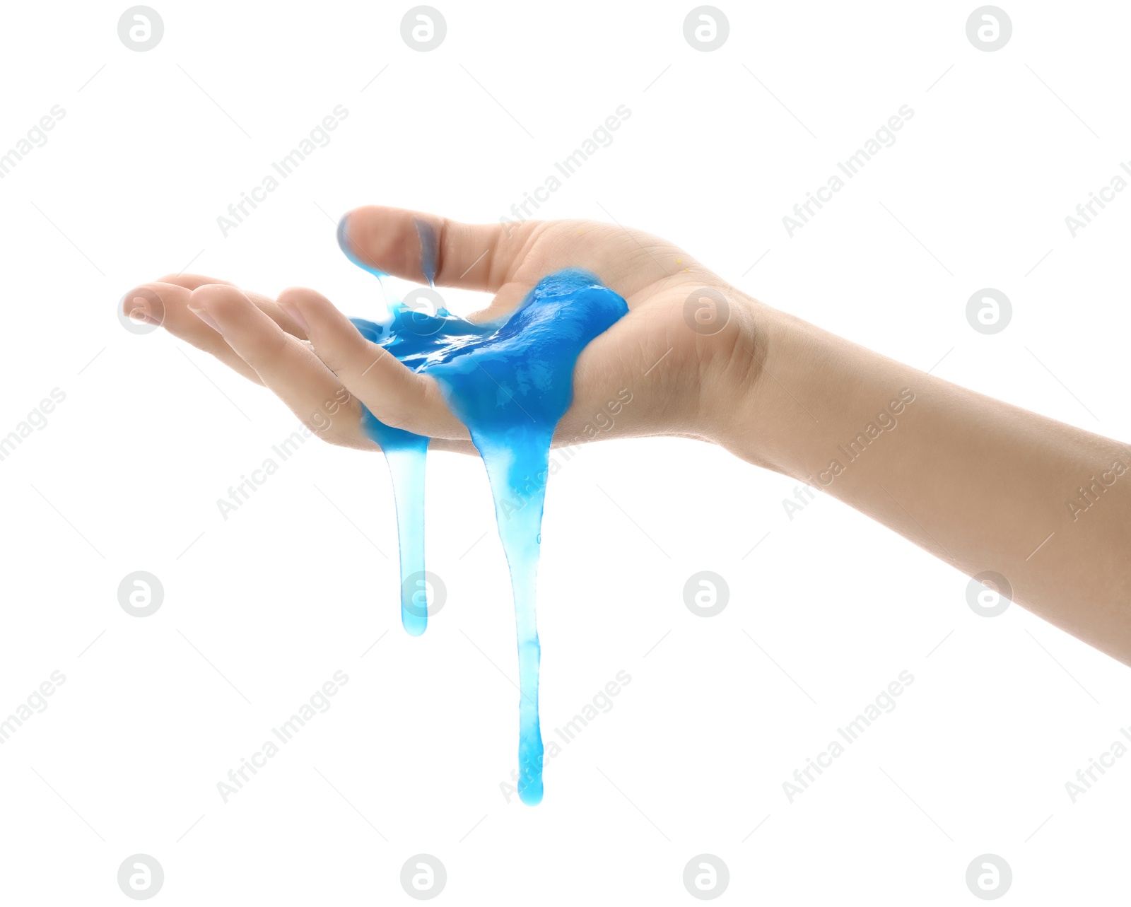 Photo of Woman playing with blue slime isolated on white, closeup. Antistress toy