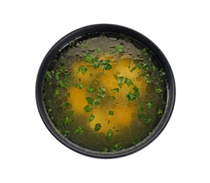 Photo of Delicious chicken soup with parsley isolated on white, top view