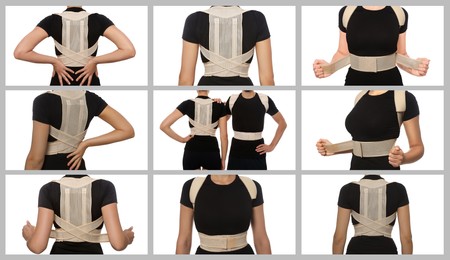 Image of Collage with photos of people with orthopedic corsets on white background