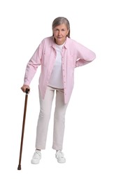 Photo of Senior woman with walking cane suffering from back pain on white background