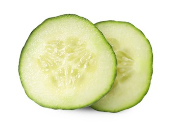 Photo of Slices of fresh cucumber isolated on white, above view