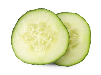 Slices of fresh cucumber isolated on white, above view