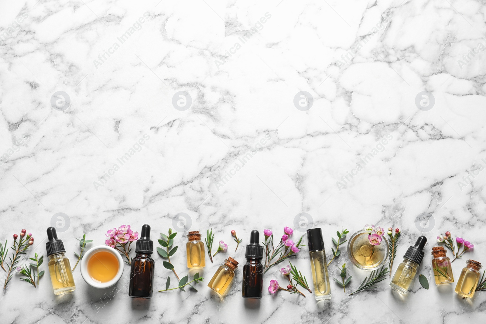Photo of Flat lay composition with bottles of natural tea tree oil and space for text on white marble background