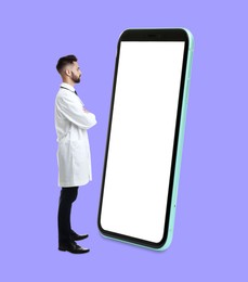 Image of Man in white coat standing in front of big smartphone on lilac background