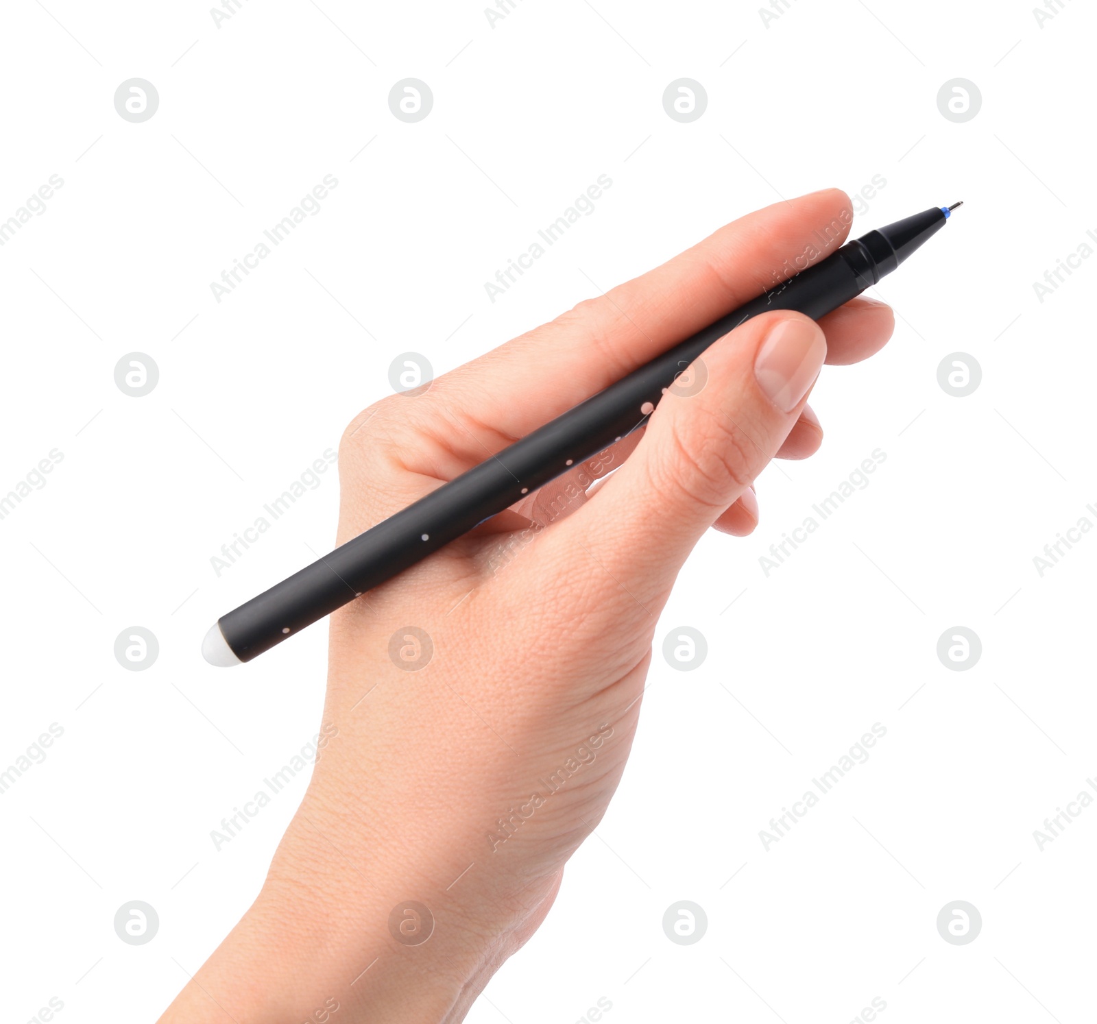 Photo of Woman holding erasable pen on white background, closeup