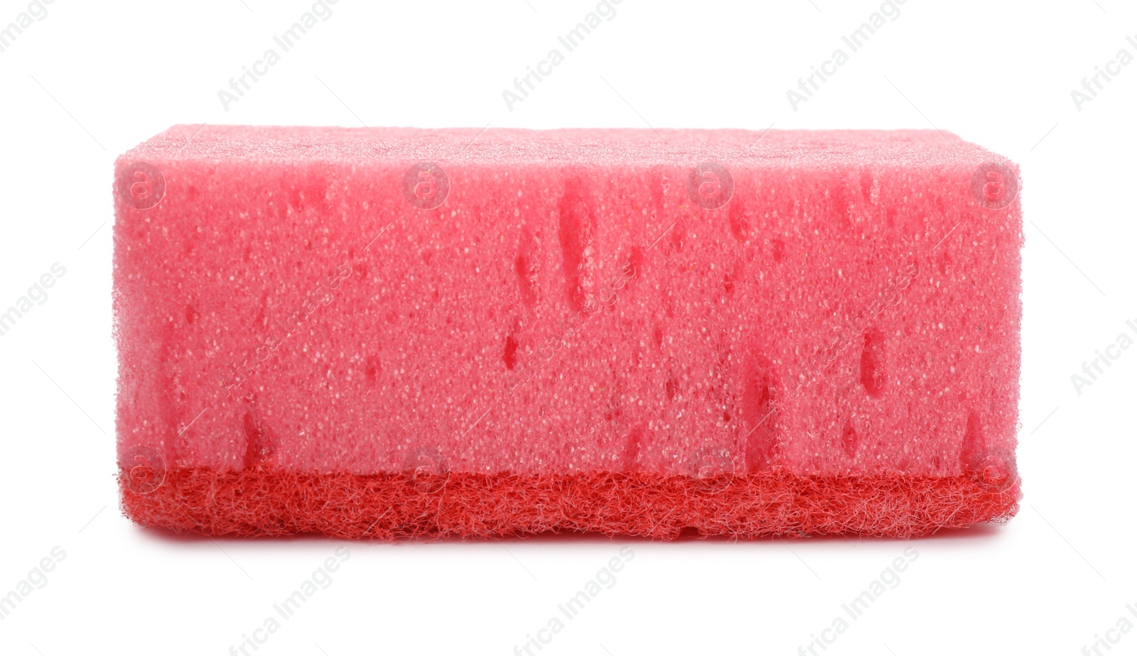 Photo of Pink cleaning sponge with abrasive red scourer isolated on white