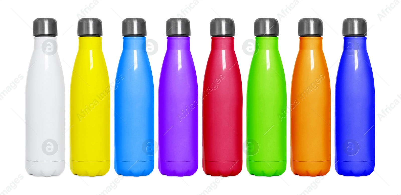 Image of Set with different stylish closed thermo bottles on white background. Banner design