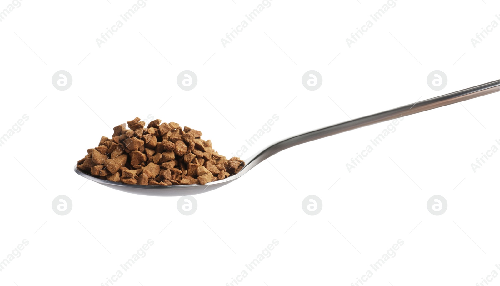 Photo of Spoon with aromatic instant coffee isolated on white