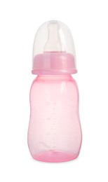 Empty pink feeding bottle for infant formula isolated on white