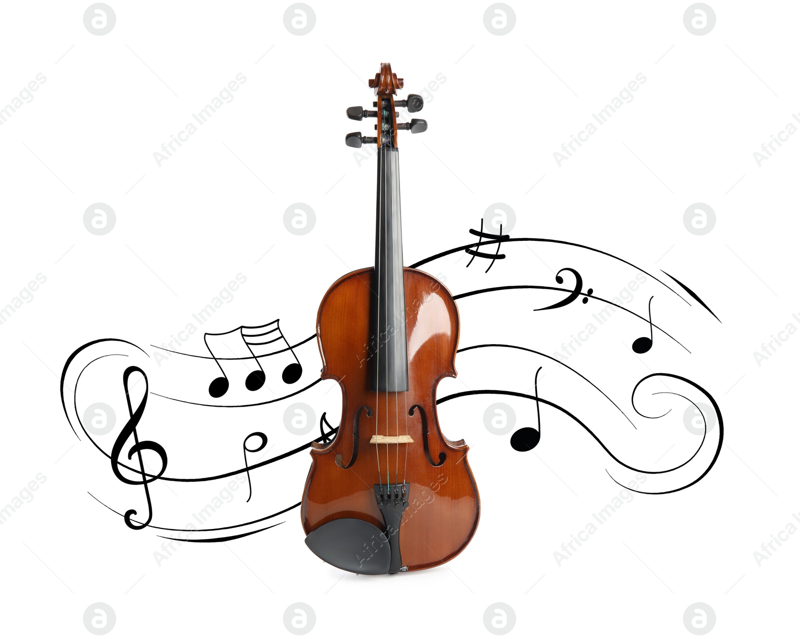 Image of Classic violin and music notes on white background