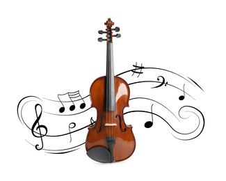Classic violin and music notes on white background