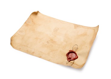 Photo of Sheet of old parchment paper with wax stamp on white background. Space for text