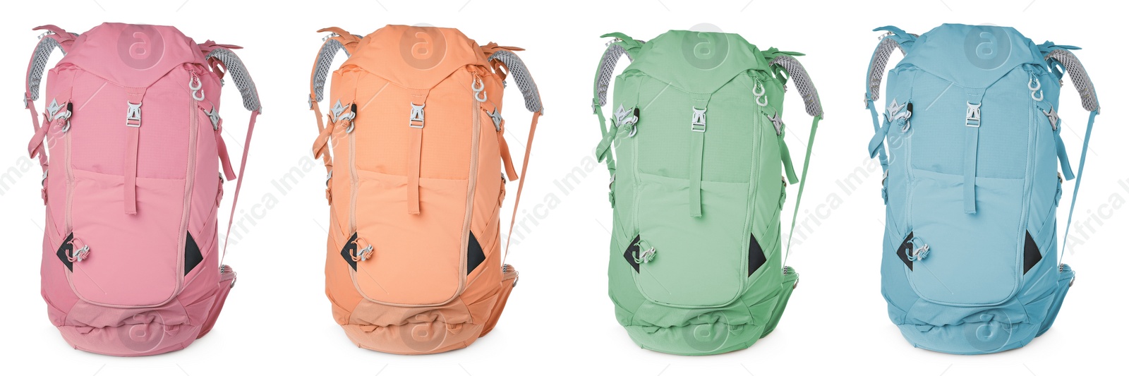 Image of Different hiking backpacks on white background, collage. Banner design