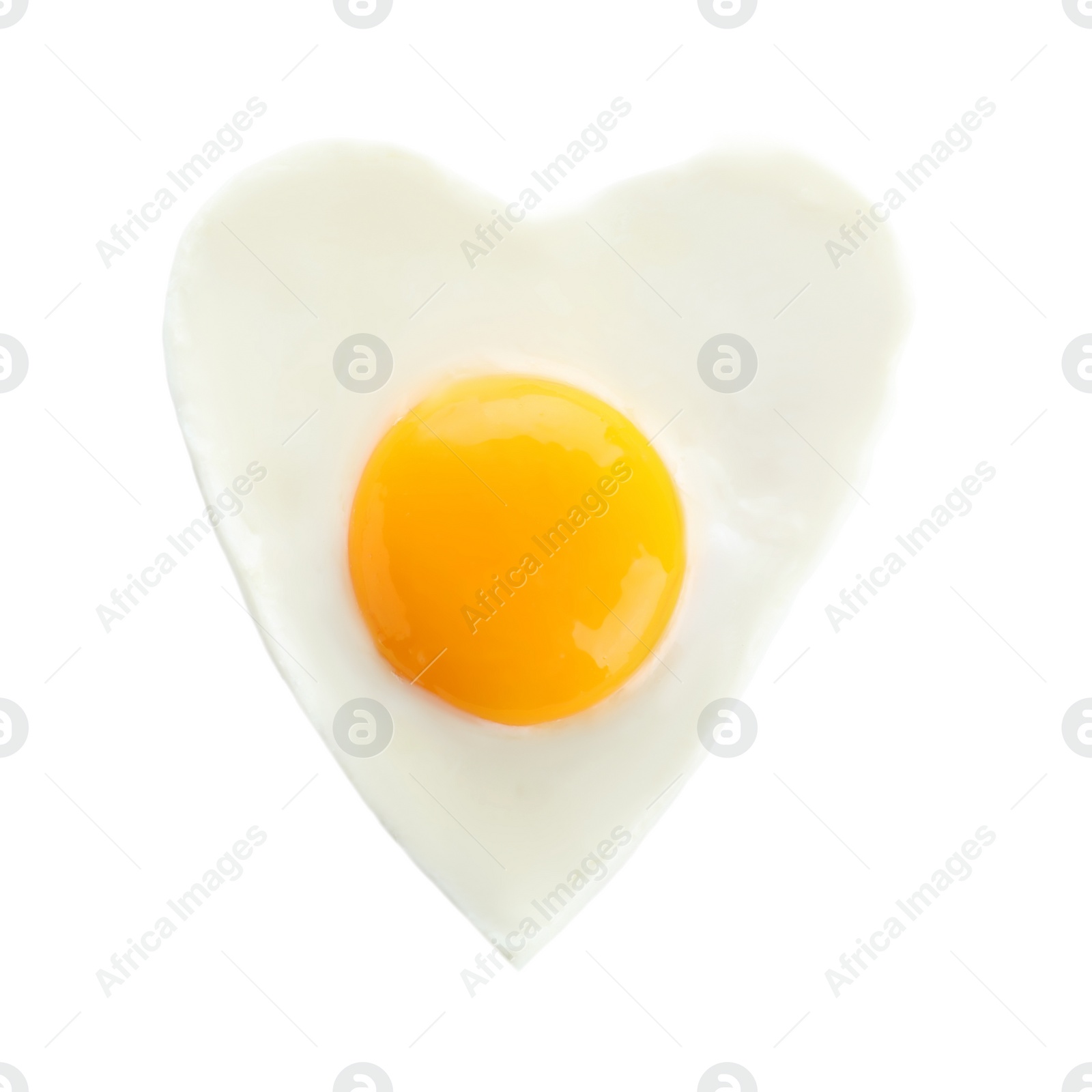 Photo of Heart shaped fried egg isolated on white, top view