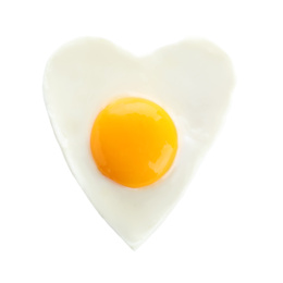 Photo of Heart shaped fried egg isolated on white, top view