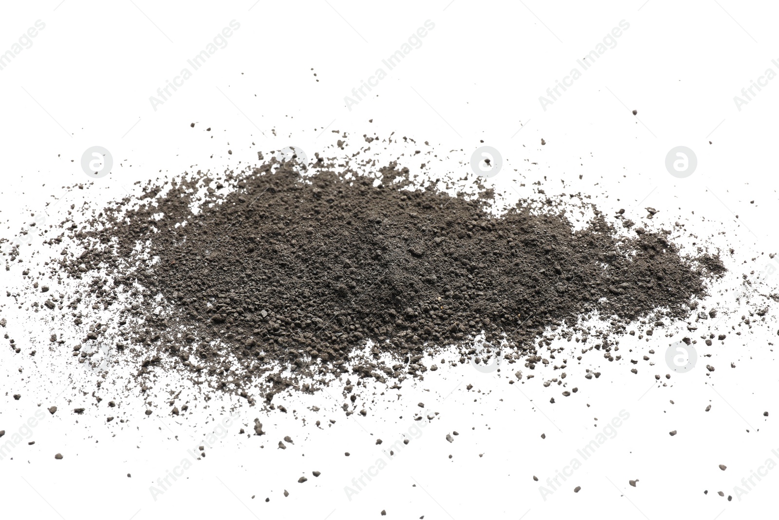 Photo of Pile of black dust scattered on white background, top view