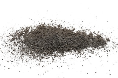 Pile of black dust scattered on white background, top view