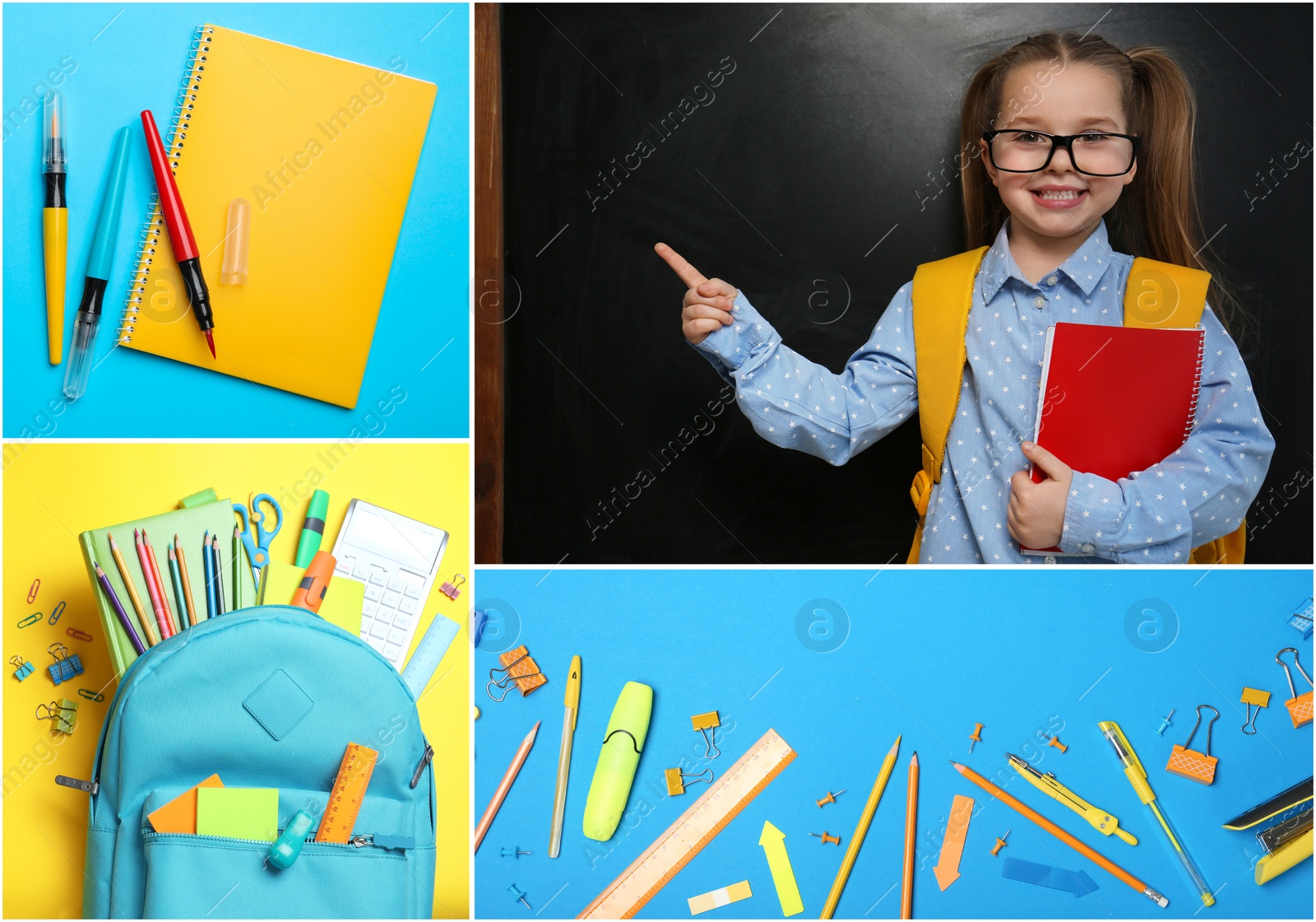 Image of Collage with photos of cute girl and different stationery. Back to school