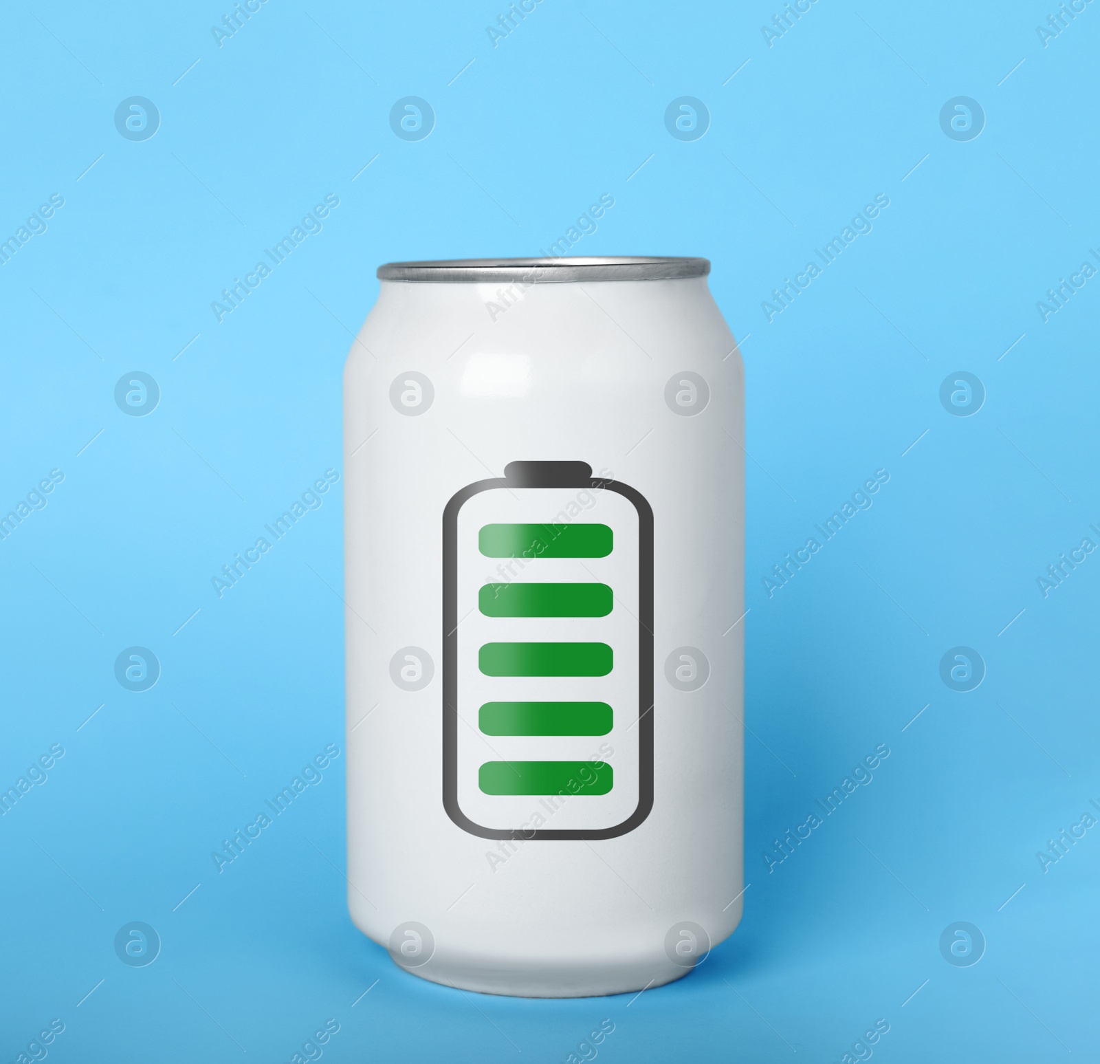 Image of Can of energy drink with picture of fully charged battery on light blue background