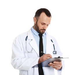 Photo of Portrait of male doctor with clipboard isolated on white. Medical staff