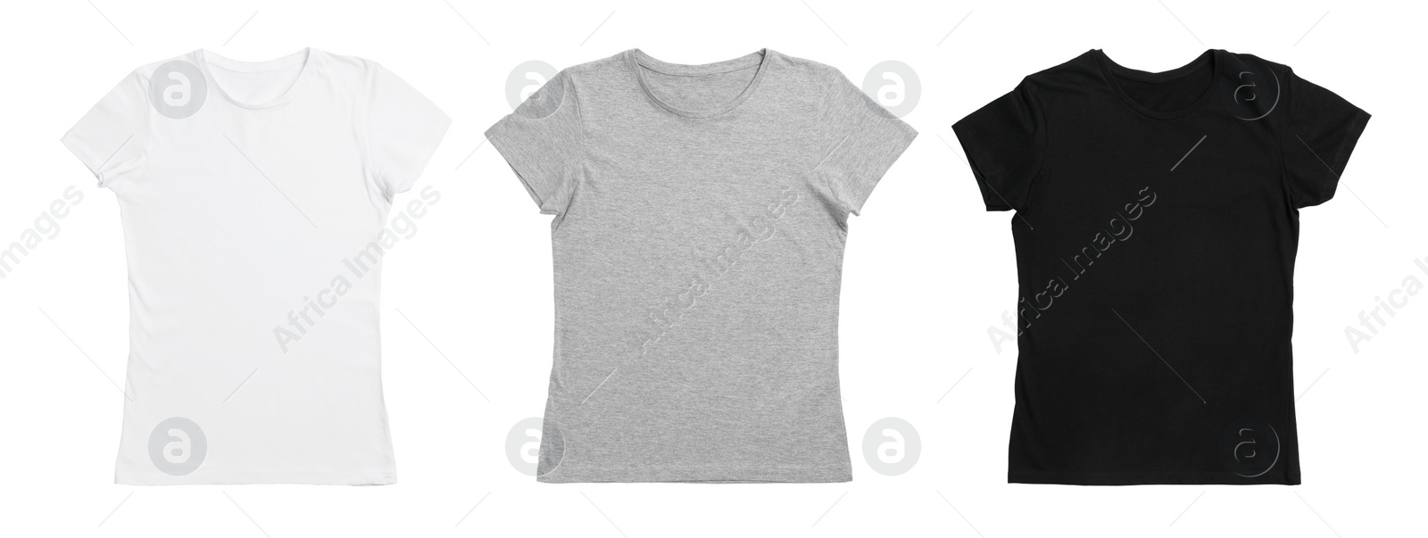 Image of T-shirts of different colors isolated on white. Space for design